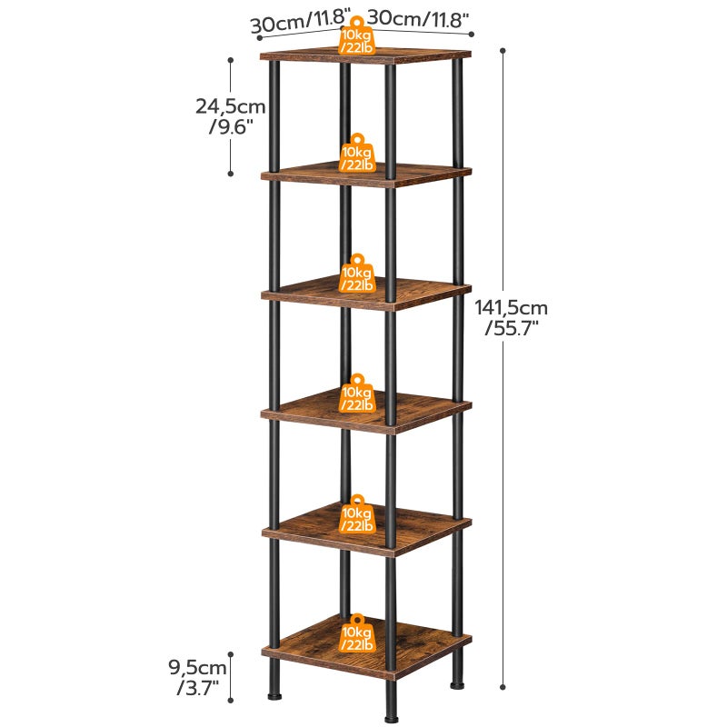 HOOBRO 6-Tier Corner Shelf, Corner Square Rack Display Shelf, Tall Storage Rack Plant Stand, Bookcase for Small Spaces, Living Room, Home Office, Kitchen, Rustic Brown and Black BF55CJ01 - Image 3