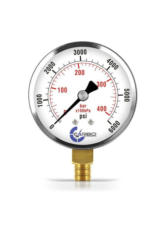 CARBO Instruments 2-1/2" Pressure Gauge, Chrome Plated Steel Case, Dry, 0-6000 psi/kPa, Lower Mount 1/4" NPT - Image 1