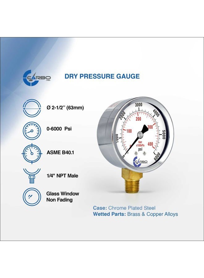 CARBO Instruments 2-1/2" Pressure Gauge, Chrome Plated Steel Case, Dry, 0-6000 psi/kPa, Lower Mount 1/4" NPT - Image 2