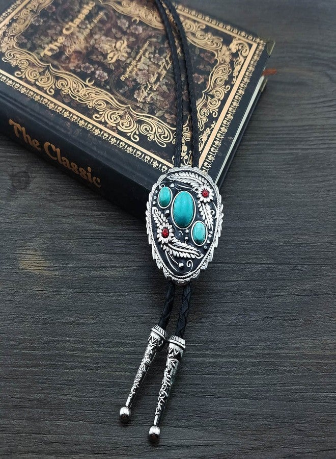 QUKE Blue Natural Turquoise Flower Pattern Bolo Tie Western Cowboy Vintage Handmade Genunie Leather - Image 2