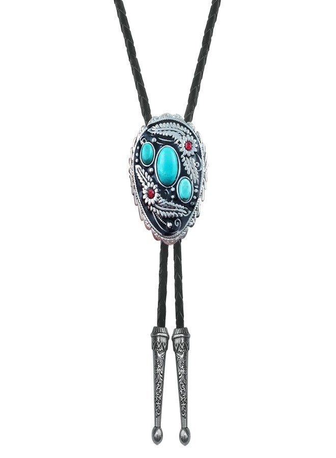 QUKE Blue Natural Turquoise Flower Pattern Bolo Tie Western Cowboy Vintage Handmade Genunie Leather - Image 1