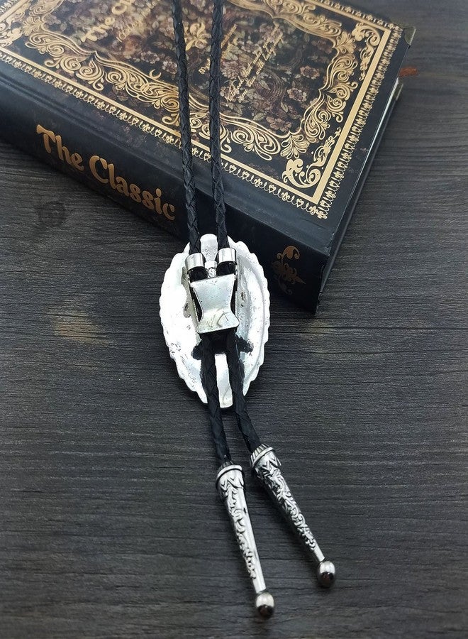 QUKE Blue Natural Turquoise Flower Pattern Bolo Tie Western Cowboy Vintage Handmade Genunie Leather - Image 3