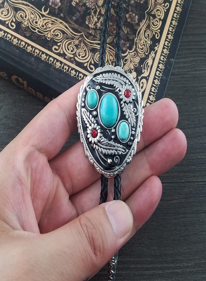 QUKE Blue Natural Turquoise Flower Pattern Bolo Tie Western Cowboy Vintage Handmade Genunie Leather - Image 4