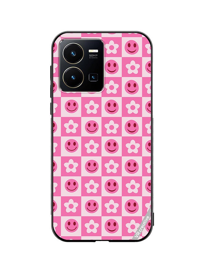 Protective Case Cover For Vivo Y35 Checkered Hot Pink Retro Flowers And Happy Faces Seamless Pattern Design Multicolour