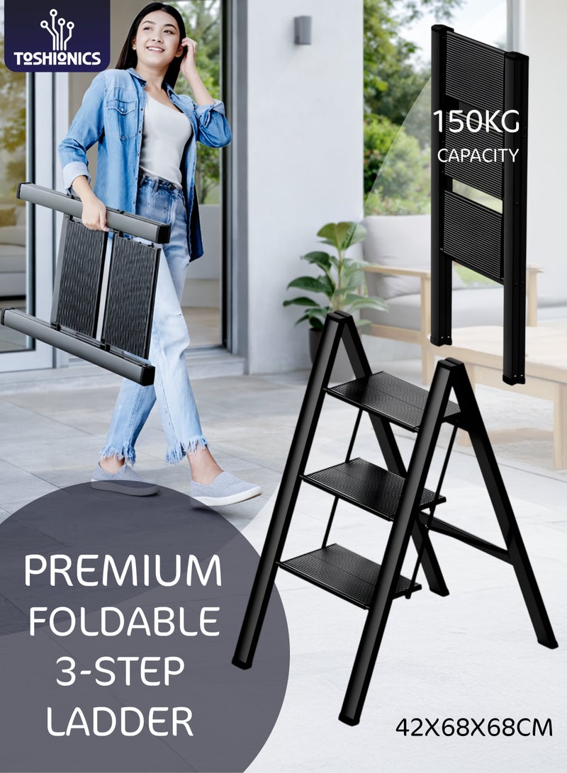 Toshionics Multipurpose 3 Step Ladder Folding Ladder with Anti-Slip Pedal Folding Step Stool Portable Lightweight Foldable Stepladder for Home Kitchen Library Office 150 KG Capacity (3 STEPS) - Image 1