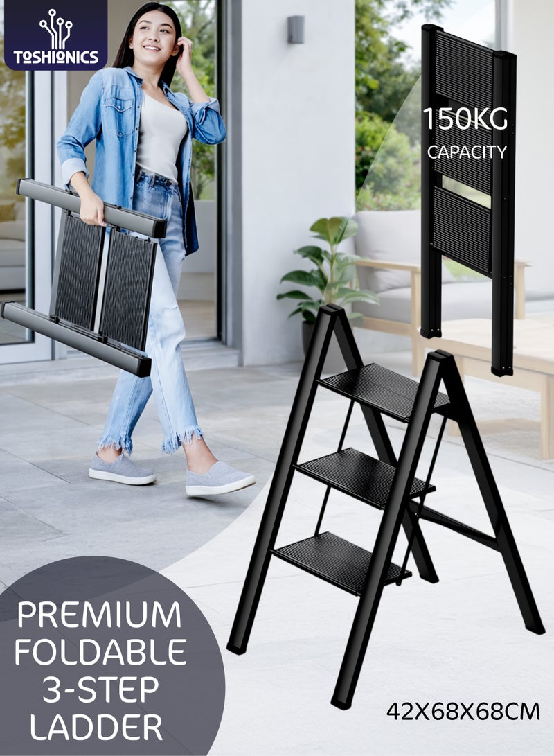 Toshionics Multipurpose 3 Step Ladder Folding Ladder with Anti-Slip Pedal Folding Step Stool Portable Lightweight Foldable Stepladder for Home Kitchen Library Office 150 KG Capacity (3 STEPS) - Image 1