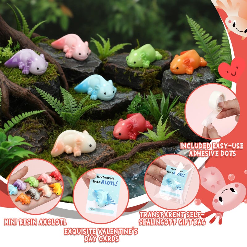 RattanView 27 Packs Axolotl Valentines with Gift Card Mini Resin Animal Miniature Figure for Axolotl Party Favors Exchange Gifts Decoration Coworker Friend(Solid Color) - Image 4