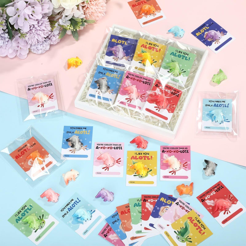 RattanView 27 Packs Axolotl Valentines with Gift Card Mini Resin Animal Miniature Figure for Axolotl Party Favors Exchange Gifts Decoration Coworker Friend(Solid Color) - Image 1