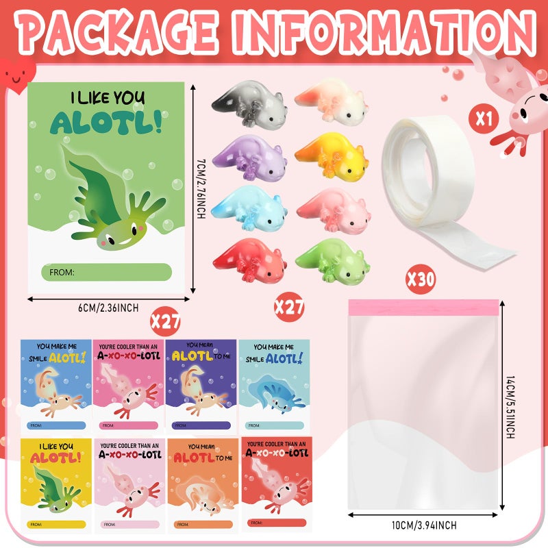 RattanView 27 Packs Axolotl Valentines with Gift Card Mini Resin Animal Miniature Figure for Axolotl Party Favors Exchange Gifts Decoration Coworker Friend(Solid Color) - Image 3