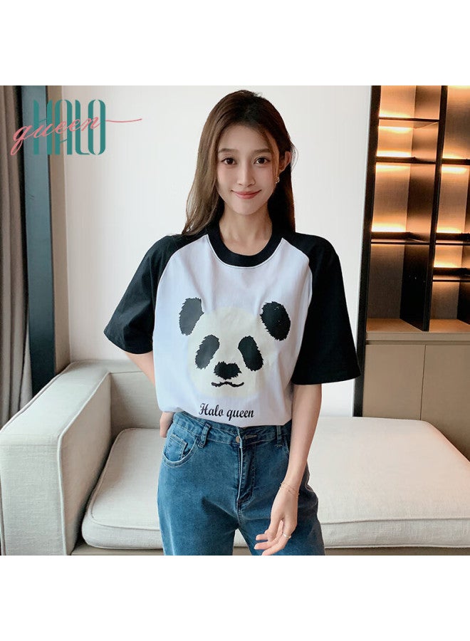 HALOQUEEN Halo Queen Women's Short Sleeve T-shirt Cute Panda Print Raglan Sleeve Comfortable Loose Summer Thin Top H143t1413 - Image 1
