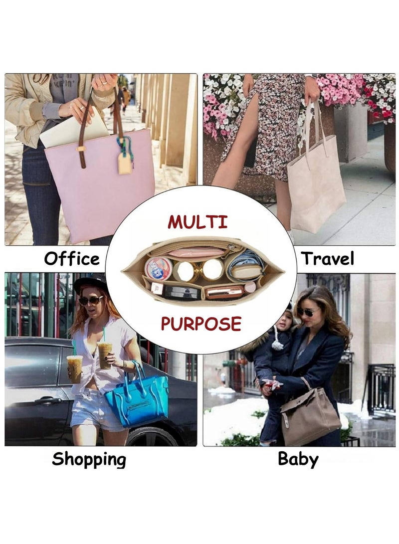 Tote Bag Organizer Insert Large Multi-Pocket Felt Bag Organizer Insert Handbag Base Shaper with Zipper for Handbag Purse Travel Bags – Beige Large