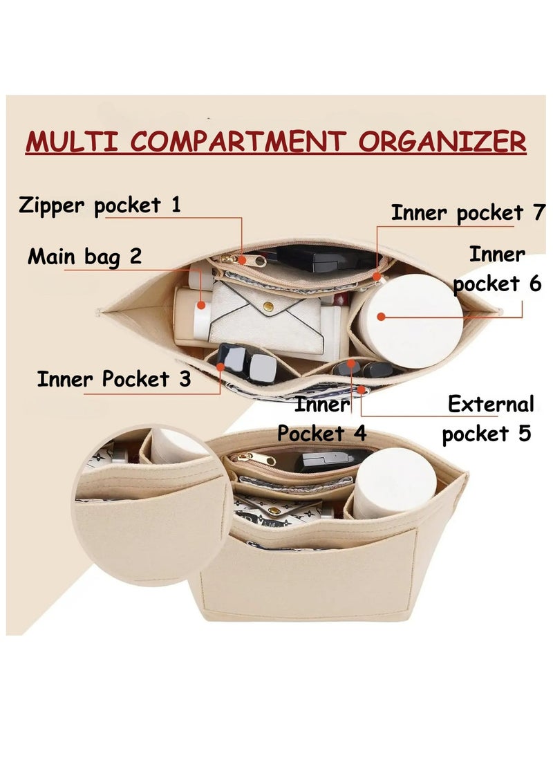 ESSEN Tote Bag Organizer Insert Large Multi-Pocket Felt Bag Organizer Insert Handbag Base Shaper with Zipper for Handbag Purse Travel Bags – Beige Large  - Image 2