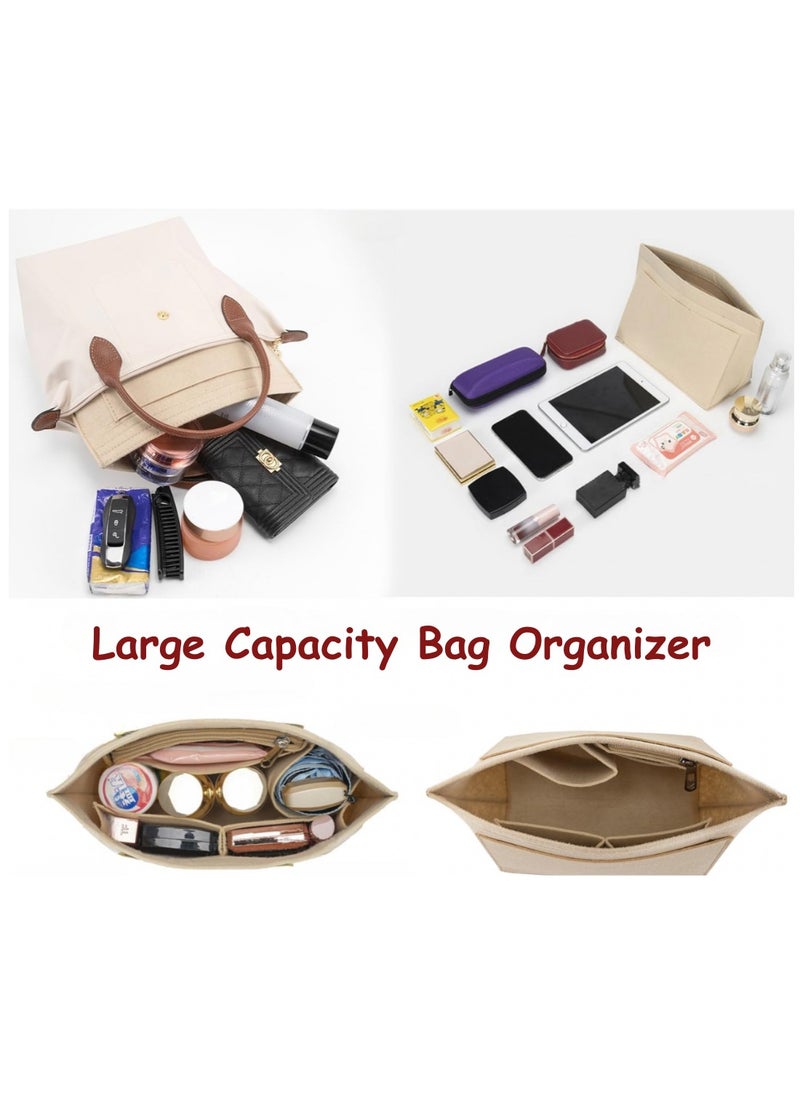 ESSEN Tote Bag Organizer Insert Large Multi-Pocket Felt Bag Organizer Insert Handbag Base Shaper with Zipper for Handbag Purse Travel Bags – Beige Large  - Image 4