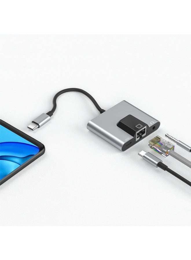 USB to Ethernet Adapter  3 in 1 Support 10/100Mbps Ethernet Network，with Type C Charge Port and 3.5mm Audio Jack with iPhone 15/16/Android/i-Pad Pro/Mac/Galaxy - Image 1