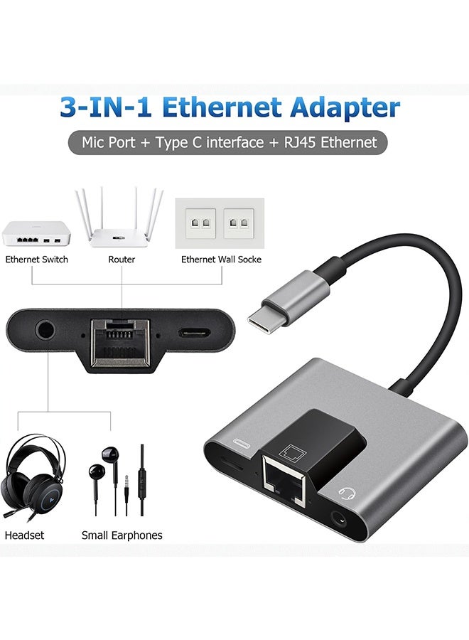 USB to Ethernet Adapter  3 in 1 Support 10/100Mbps Ethernet Network，with Type C Charge Port and 3.5mm Audio Jack with iPhone 15/16/Android/i-Pad Pro/Mac/Galaxy - Image 2