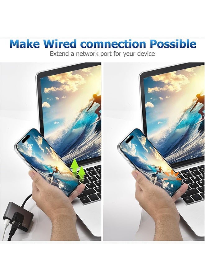 USB to Ethernet Adapter  3 in 1 Support 10/100Mbps Ethernet Network，with Type C Charge Port and 3.5mm Audio Jack with iPhone 15/16/Android/i-Pad Pro/Mac/Galaxy - Image 3