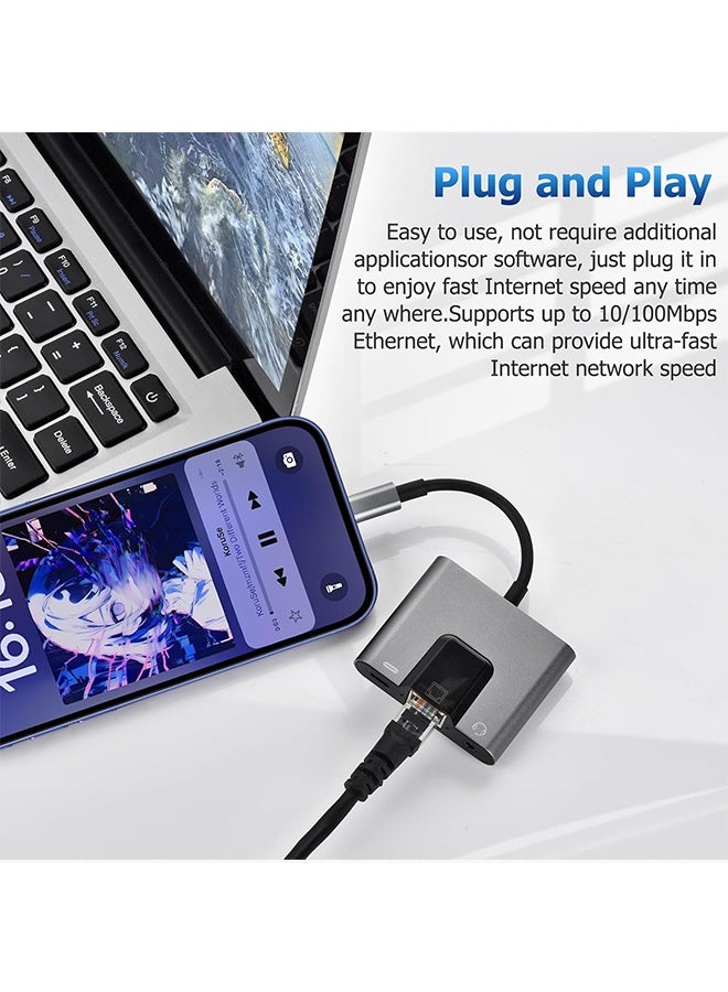 USB to Ethernet Adapter  3 in 1 Support 10/100Mbps Ethernet Network，with Type C Charge Port and 3.5mm Audio Jack with iPhone 15/16/Android/i-Pad Pro/Mac/Galaxy - Image 4