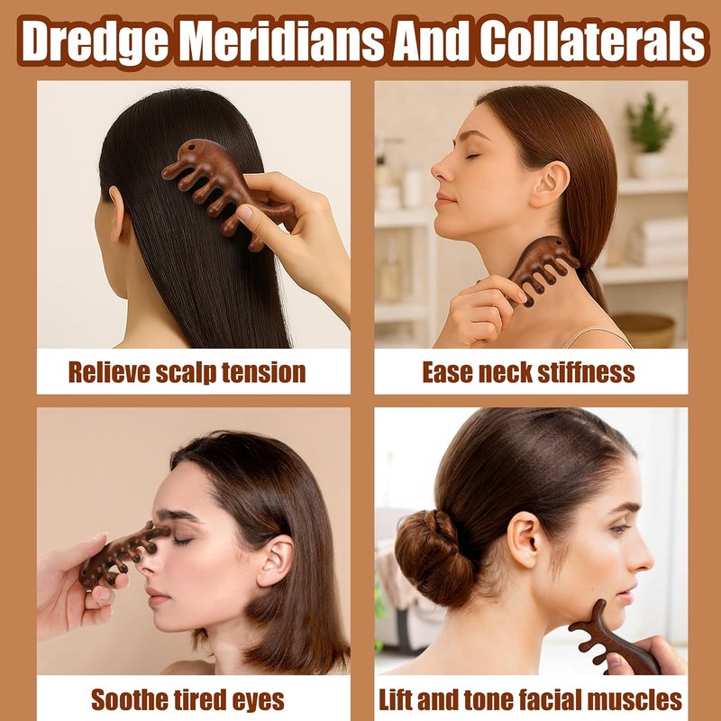 BuleVina Sandalwood Scalp Massage Comb Wooden Gua Sha Tool for Hair and Body Natural Wood Brown Wide Tooth Massager Acupressure Tools for Face Relief Portable Tool for Women and Men - Image 4