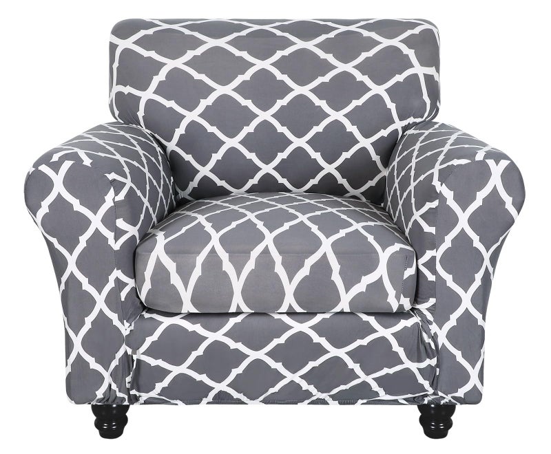 SearchI Stretch Sofa Cover Printed Couch Covers, Floral Pattern 2 Piece Armchair Slipcover with Separate Chair Cushion Cover, Washable Furniture Protector for Living Room(Armchair, Gray+White) - Image 1