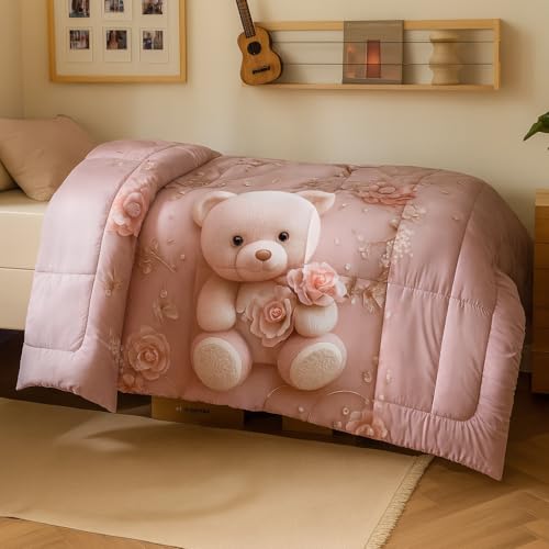 PRISCILLA 7D Printed Microfiber Kids Comforter Single Bed | Cotton Feel Lightweight Ultra Soft AC Blanket with Carry Bag | 150 GSM Baby Quilt/Duvet for All Season, 60x90 Inch (Pink Teddy) - Image 4