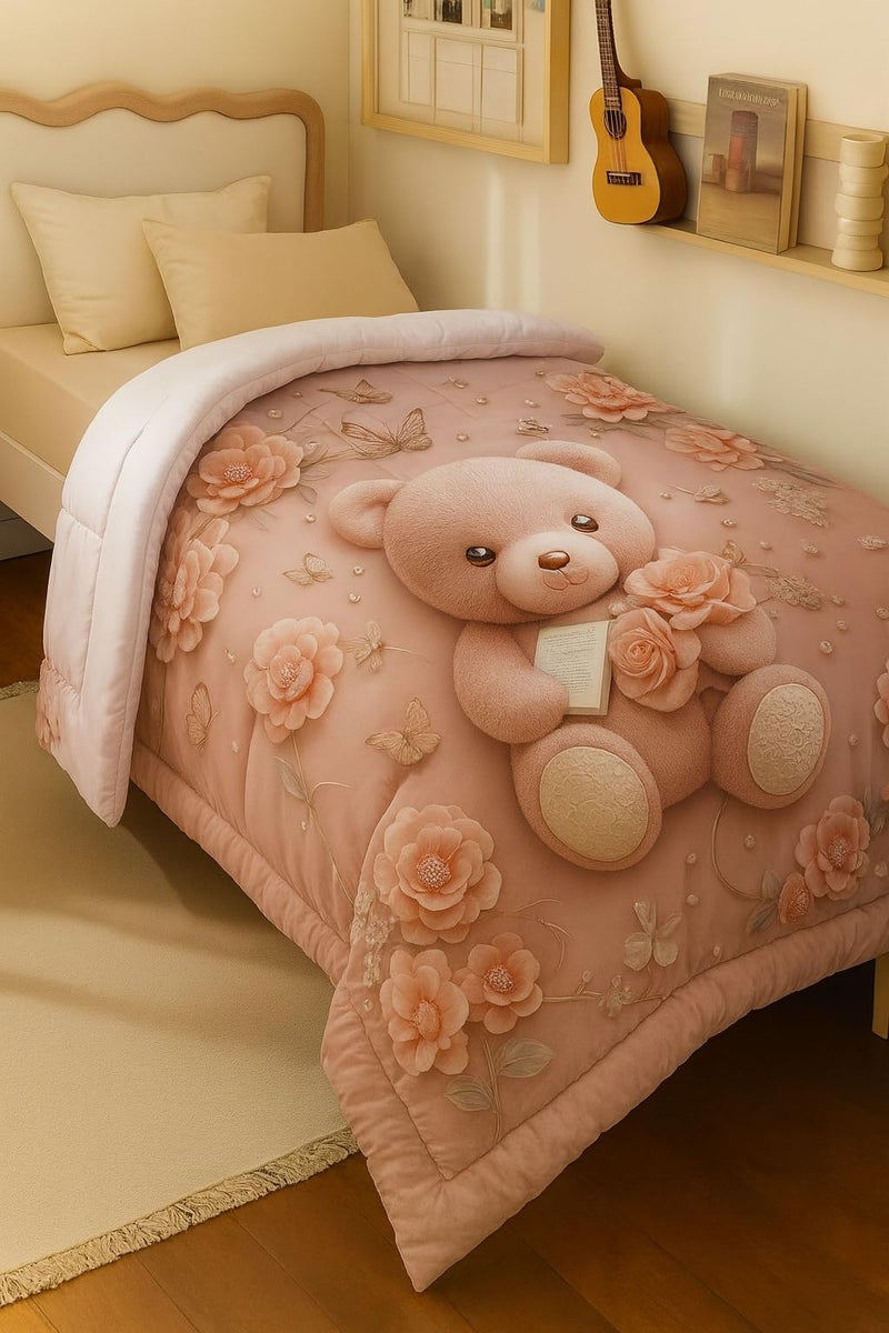 PRISCILLA 7D Printed Microfiber Kids Comforter Single Bed | Cotton Feel Lightweight Ultra Soft AC Blanket with Carry Bag | 150 GSM Baby Quilt/Duvet for All Season, 60x90 Inch (Pink Teddy) - Image 3