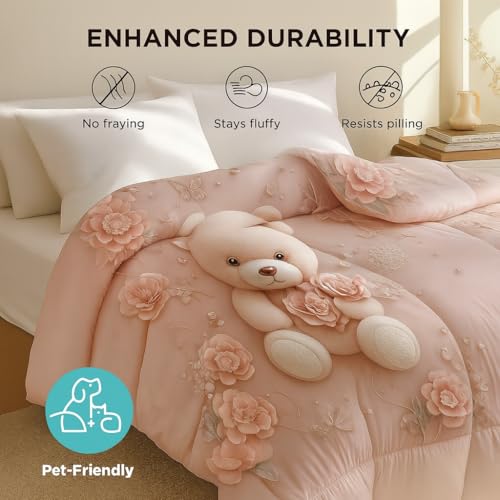 PRISCILLA 7D Printed Microfiber Kids Comforter Single Bed | Cotton Feel Lightweight Ultra Soft AC Blanket with Carry Bag | 150 GSM Baby Quilt/Duvet for All Season, 60x90 Inch (Pink Teddy) - Image 5