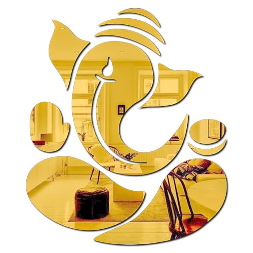 Fliptic Ganpati 3D Mirror Wall Sticker – Acrylic Ganesh Mirror Décor for Home, Pooja Room, Hall, Office – Silver Finish Decorative Wall Art – Self Adhesive Eco-Friendly Design (Golden) - Image 1
