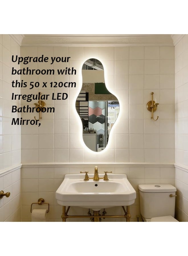Vphom 120 x 50cm Irregular LED Bathroom Mirror with Backlight, Asymmetrical Wall Vanity Mirror with Dimmable 3-Colour Lighting & Touch Control, Modern Washbasin Mirror for Bathroom, Powder Room & Makeup Area - Image 4