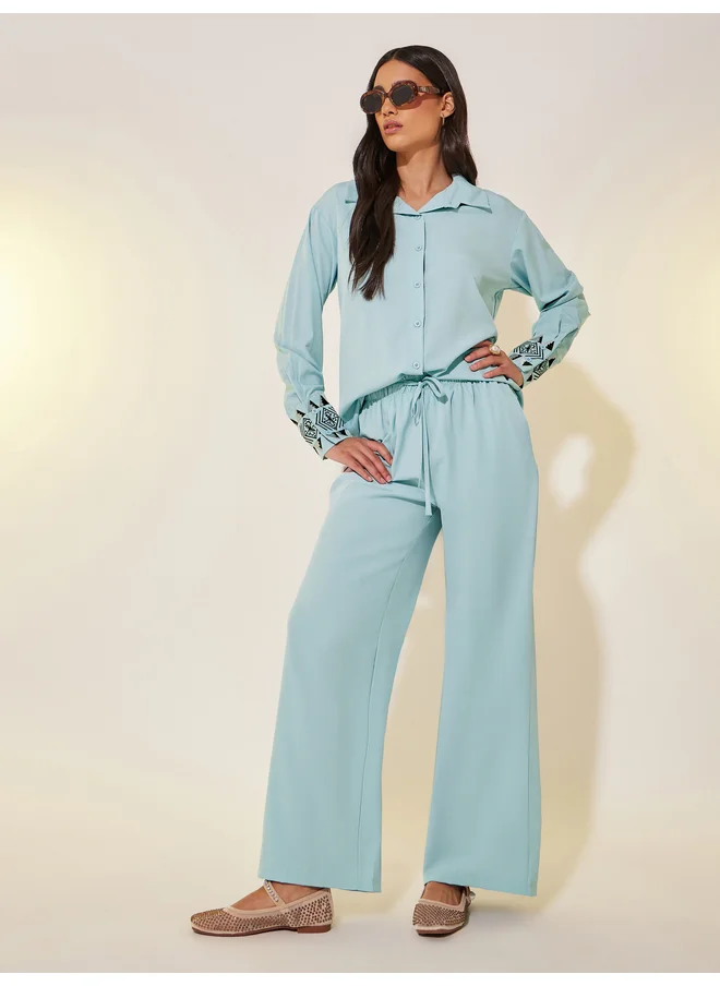 Take Two Take Two Embroidered Cuff Long Sleeve Shirt and Pants Co-Ords