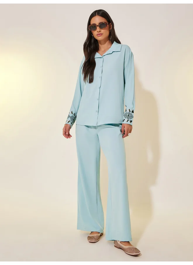 Take Two Take Two Embroidered Cuff Long Sleeve Shirt and Pants Co-Ords