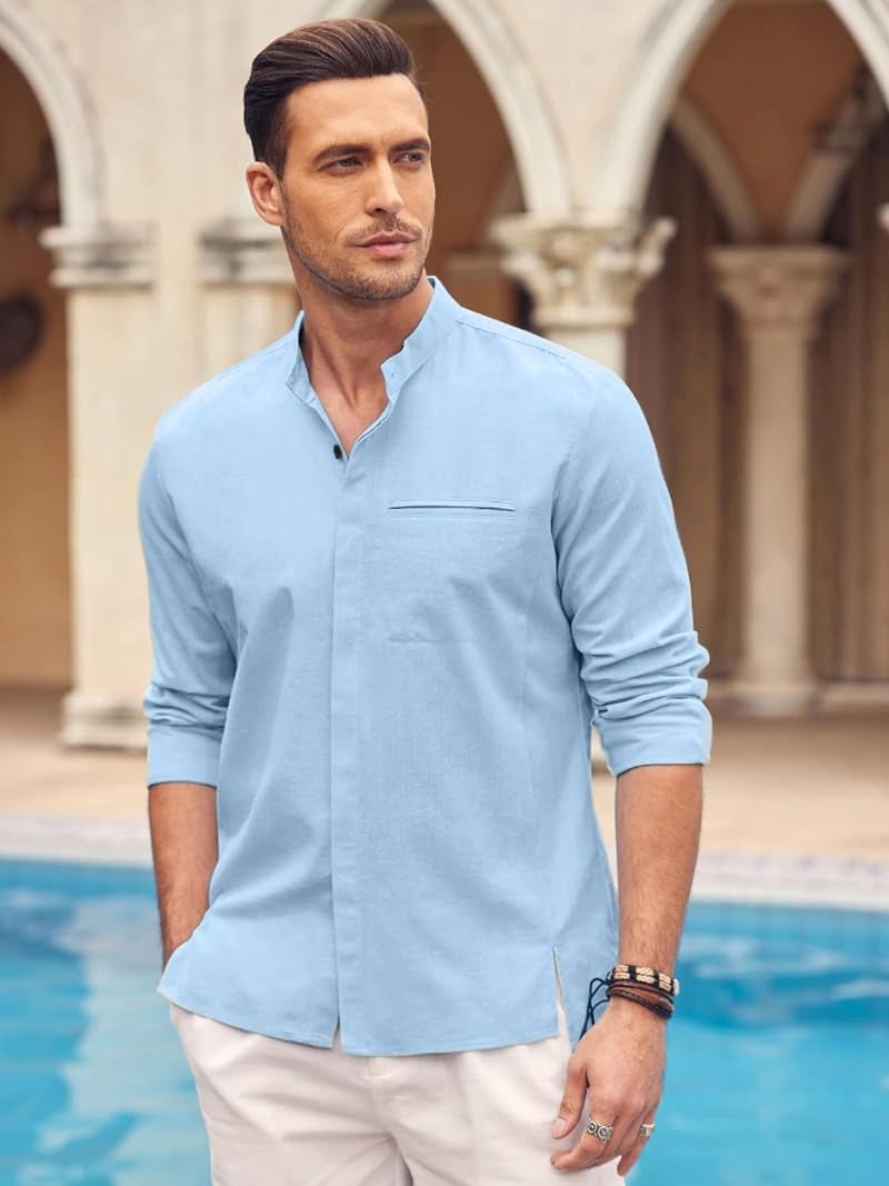 Bellstone Mens Cotton Regular Fit Casual Button Down Shirt | Luster Long Sleeves | Mandarin Collared Shirts Sky Blue, 2XL - Image 4