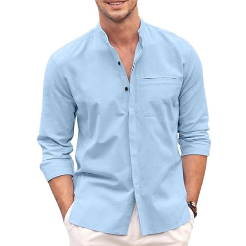 Bellstone Mens Cotton Regular Fit Casual Button Down Shirt | Luster Long Sleeves | Mandarin Collared Shirts Sky Blue, 2XL - Image 1