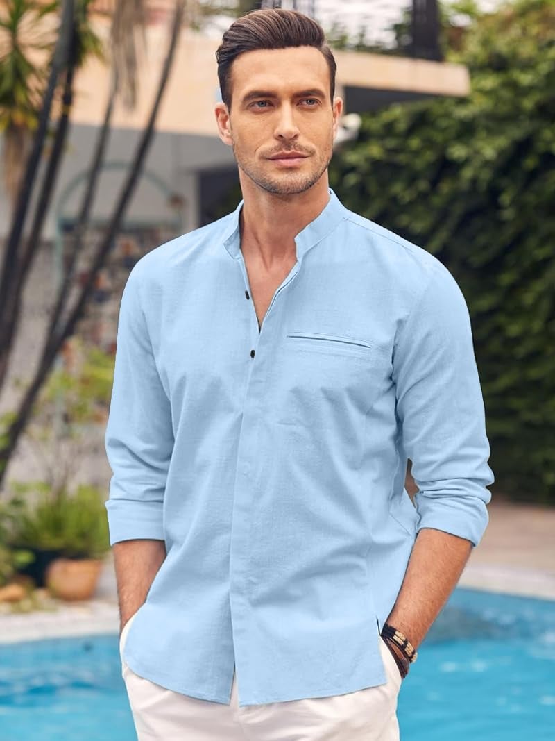 Bellstone Mens Cotton Regular Fit Casual Button Down Shirt | Luster Long Sleeves | Mandarin Collared Shirts Sky Blue, 2XL - Image 5