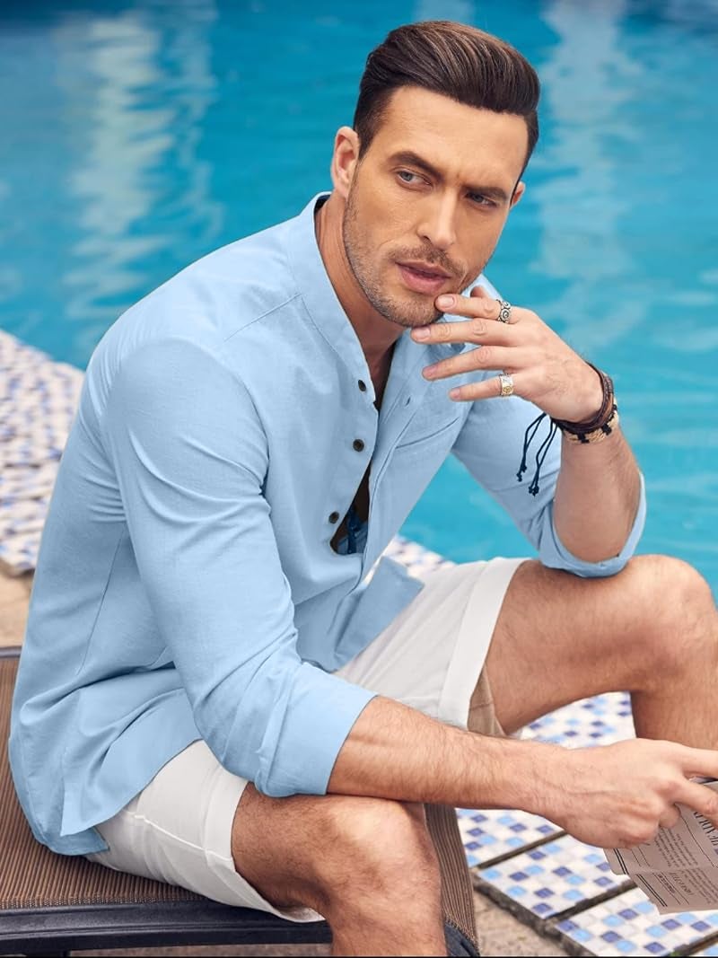Bellstone Mens Cotton Regular Fit Casual Button Down Shirt | Luster Long Sleeves | Mandarin Collared Shirts Sky Blue, 2XL - Image 3