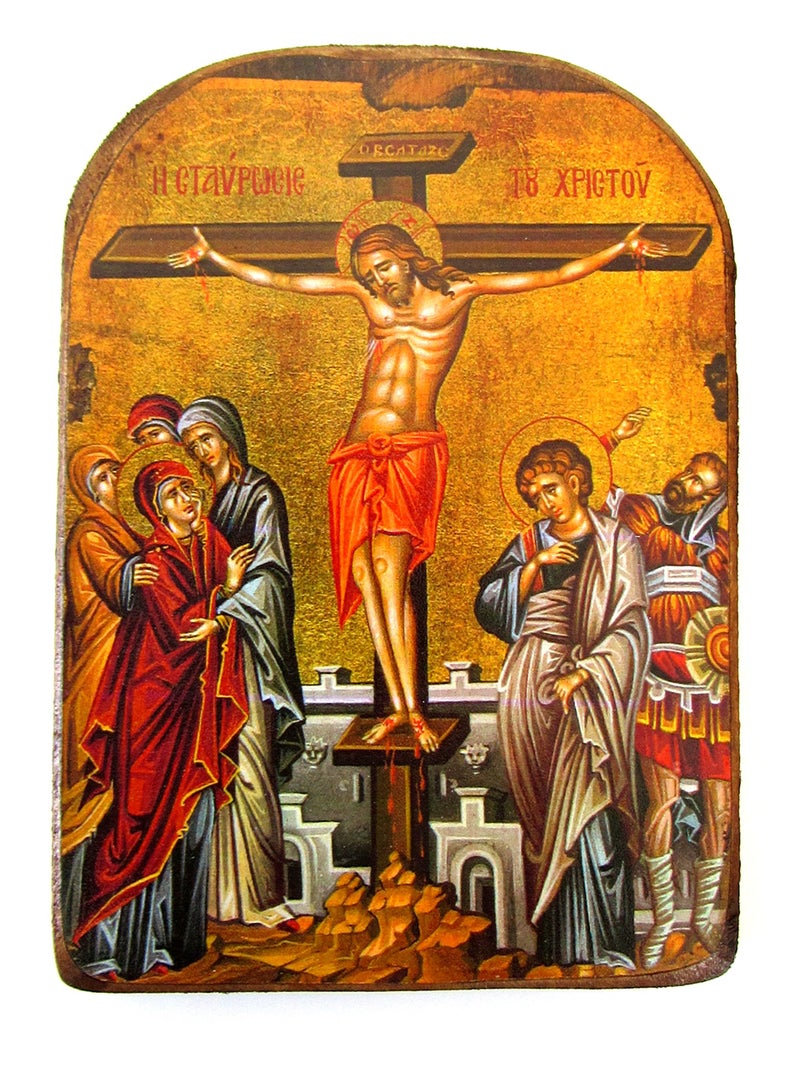 Iconsgr Wooden Greek Christian Orthodox Wood Icon of The Crucifixion / MP2 - Image 1
