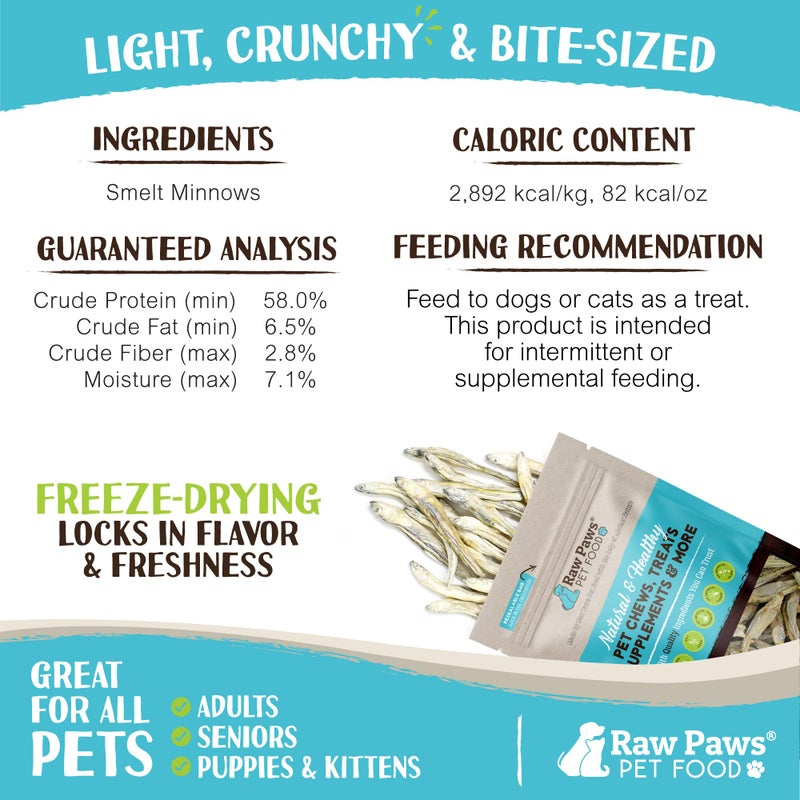 Raw Paws رو باوز سميلت مجفف بالتجميد من الأسماك للقطط والكلاب، 2 أونصة - مصنوع في الولايات المتحدة - سمك مجفف بالتجميد للقطط - مكافآت سمكية للكلاب بمكون واحد - مكافآت سمكية للكلاب - Image 3