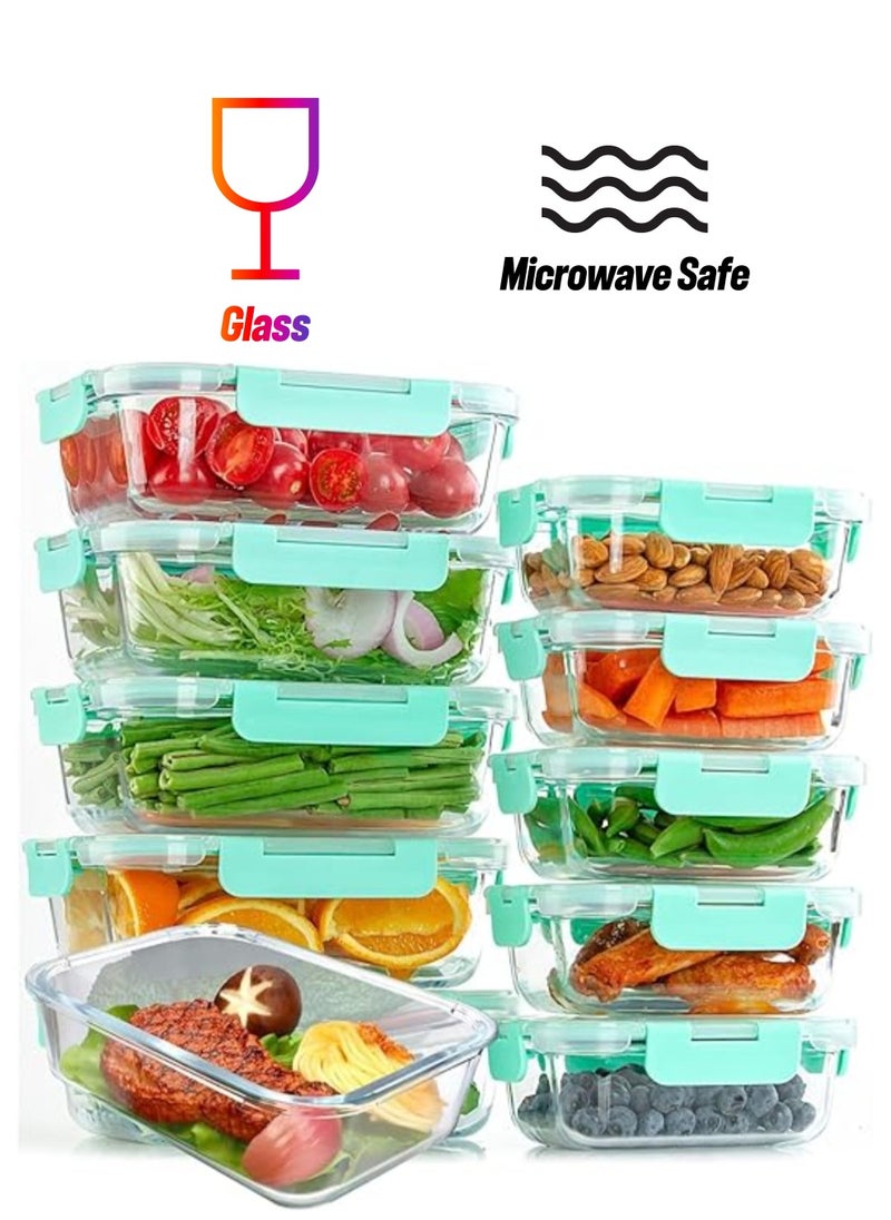 TYCOM Glass Meal Prep Containers (10 pcs Rectangle) - Glass Food Storage Containers with Lids, Glass Lunch Box, Portion Control, Airtight, Glass Bento Box Lunch Containers- 10P Rectangle Light Blue  - Image 1