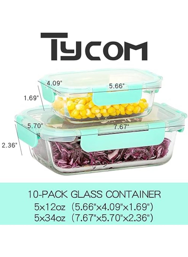 TYCOM Glass Meal Prep Containers (10 pcs Rectangle) - Glass Food Storage Containers with Lids, Glass Lunch Box, Portion Control, Airtight, Glass Bento Box Lunch Containers- 10P Rectangle Light Blue  - Image 2