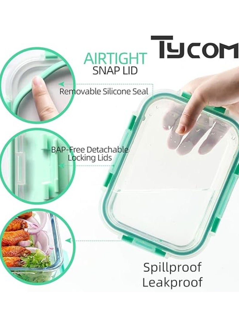 TYCOM Glass Meal Prep Containers (10 pcs Rectangle) - Glass Food Storage Containers with Lids, Glass Lunch Box, Portion Control, Airtight, Glass Bento Box Lunch Containers- 10P Rectangle Light Blue  - Image 3