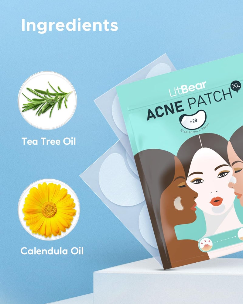 LitBear Acne Patches Large, Hydrocolloid Pimple Patches for Breakouts, Zit and Blemish, Large Acne Patches for Face, Chin, Back and Body with Tea Tree & Calendula Oil - Image 5