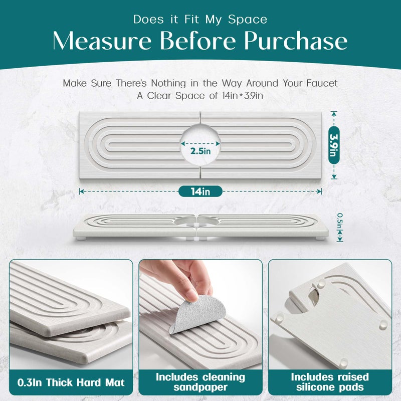eormoe Diatomite Kitchen Faucet Mat - 14Inch Water Absorbing Stone Tray for Sink, Stone Fast-Drying Faucet Mat for Kitchen Counter Sink Accessories (Light Grey, 14'' x 3.9'') - Image 2