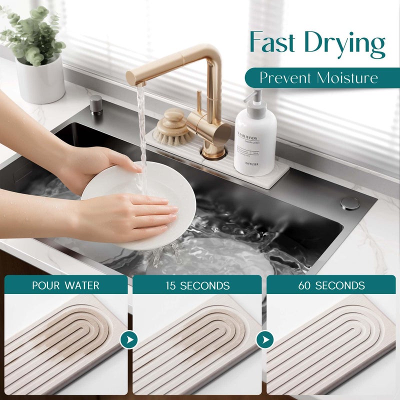 eormoe Diatomite Kitchen Faucet Mat - 14Inch Water Absorbing Stone Tray for Sink, Stone Fast-Drying Faucet Mat for Kitchen Counter Sink Accessories (Light Grey, 14'' x 3.9'') - Image 3