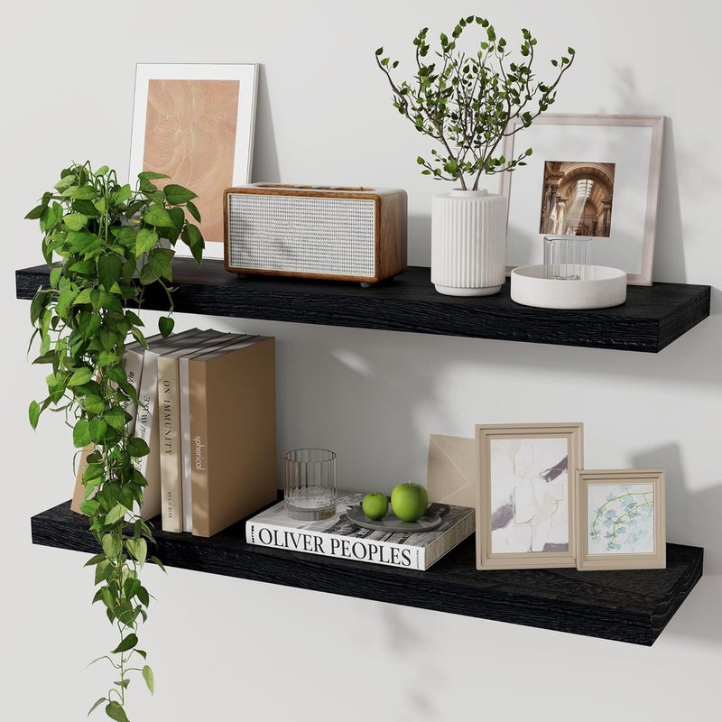 Marsmiles Wood Floating Shelves for Wall Set of 2 24 Inch Wide Rustic Wooden Floating Shelves Invisible Wall Mounted Display for Living Room Bedroom Kitchen Bathroom Office Black