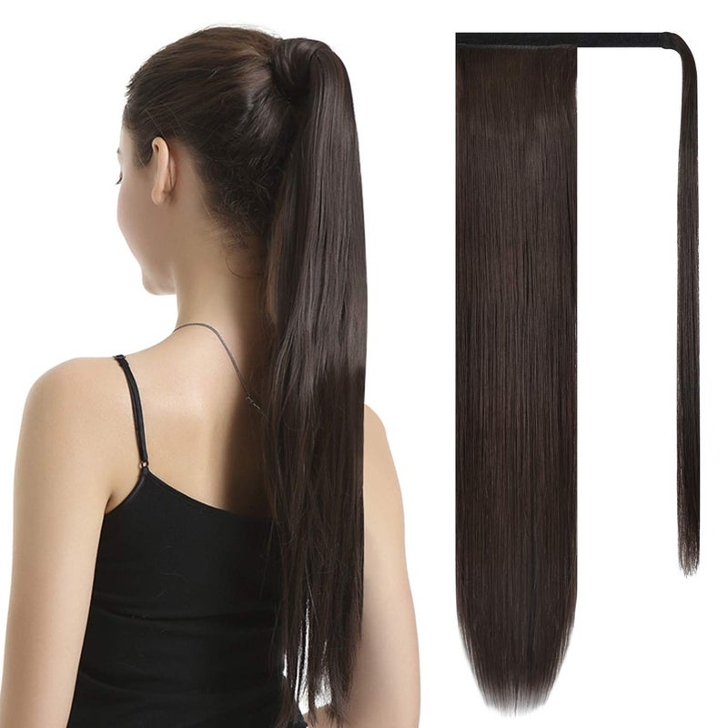 BARSDAR Straight Ponytail Extension  30 Inch Long Straight Wrap Around Ponytail for Women Clip in Ponytail Hair Extensions Synthetic Brown Hair Pony Tails Hairpieces Daily  Dark Brown