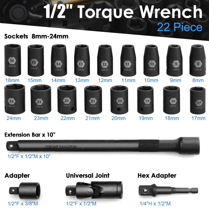 YIYEIE 22PCS Torque Wrench Set 1/2" Drive, 10-180 ft.lb/13.6-244.1 Nm, Click Torque Wrench with Impact Sockets, 1 ft.lbs Micro, 72-Tooth Ratchet, Quick Release Head, Master Torque Tool for Car Repair - Image 2