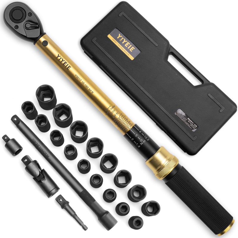YIYEIE 22PCS Torque Wrench Set 1/2" Drive, 10-180 ft.lb/13.6-244.1 Nm, Click Torque Wrench with Impact Sockets, 1 ft.lbs Micro, 72-Tooth Ratchet, Quick Release Head, Master Torque Tool for Car Repair - Image 1
