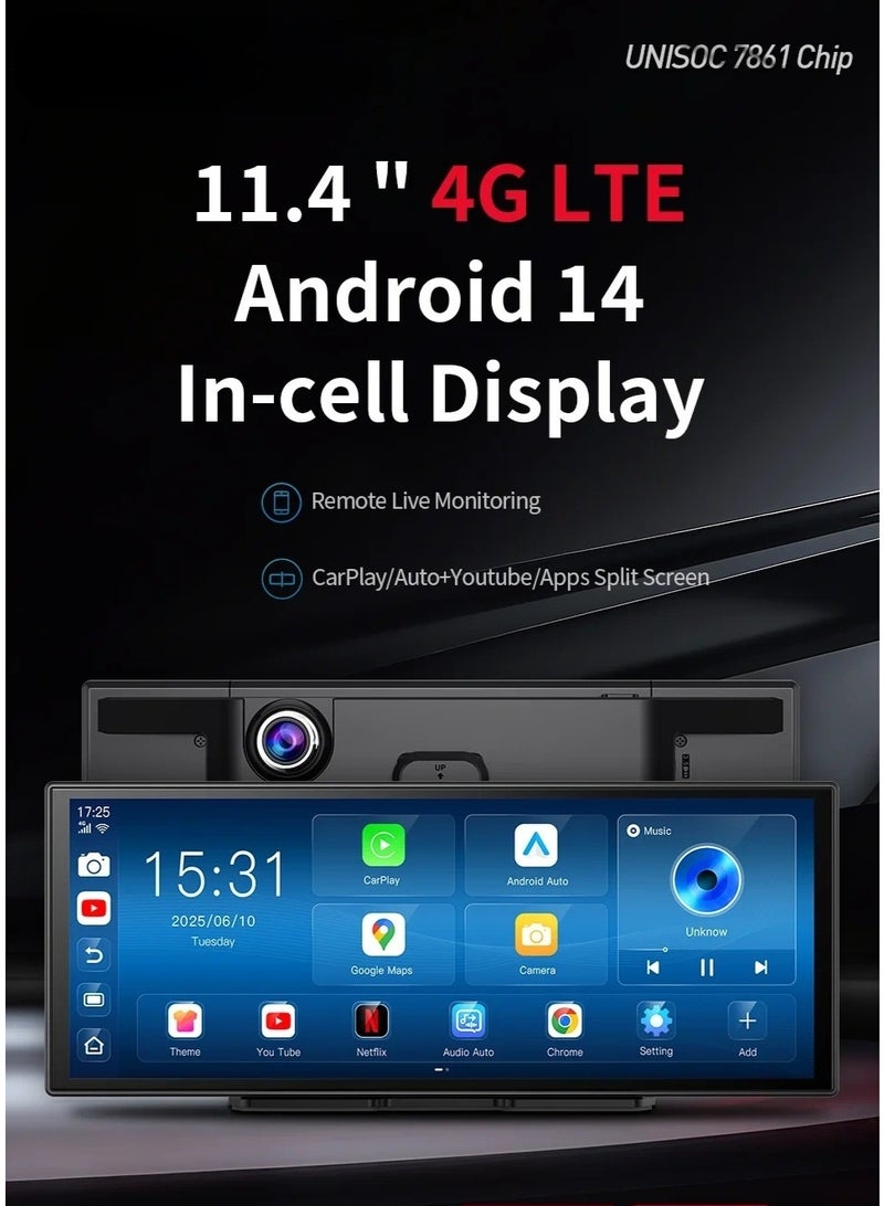 M70 11.4" 4G Android 14 8+128G Dashcam 8 Core Wireless CarPlay & Android Auto Split Screen Remote Monitoring Car DVR - Image 2