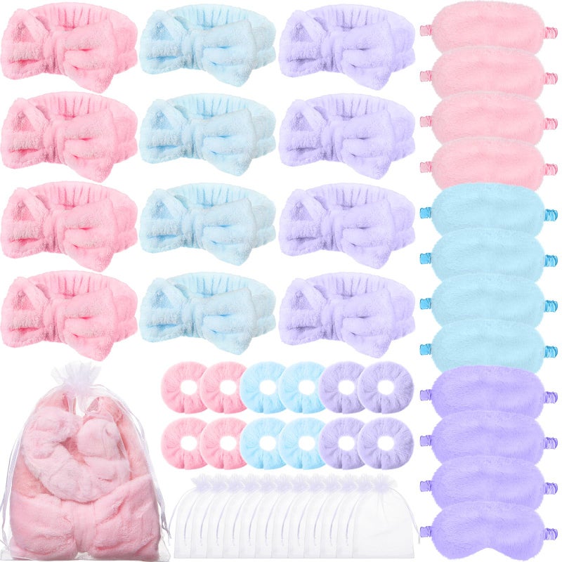 Mimorou 48 Pieces Galentine Spa Party Supplies 12 Spa Headband 12 Plush Sleep Eye Mask 12 Velvet Scrunchies 12 Organza Bags for Sleepover Slumber Party Favors Valentine Gift(Pink,Blue,Purple) - Image 1