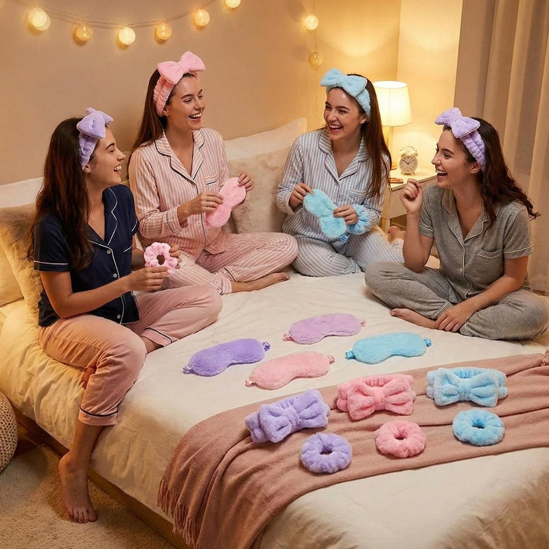 Mimorou 48 Pieces Galentine Spa Party Supplies 12 Spa Headband 12 Plush Sleep Eye Mask 12 Velvet Scrunchies 12 Organza Bags for Sleepover Slumber Party Favors Valentine Gift(Pink,Blue,Purple) - Image 4