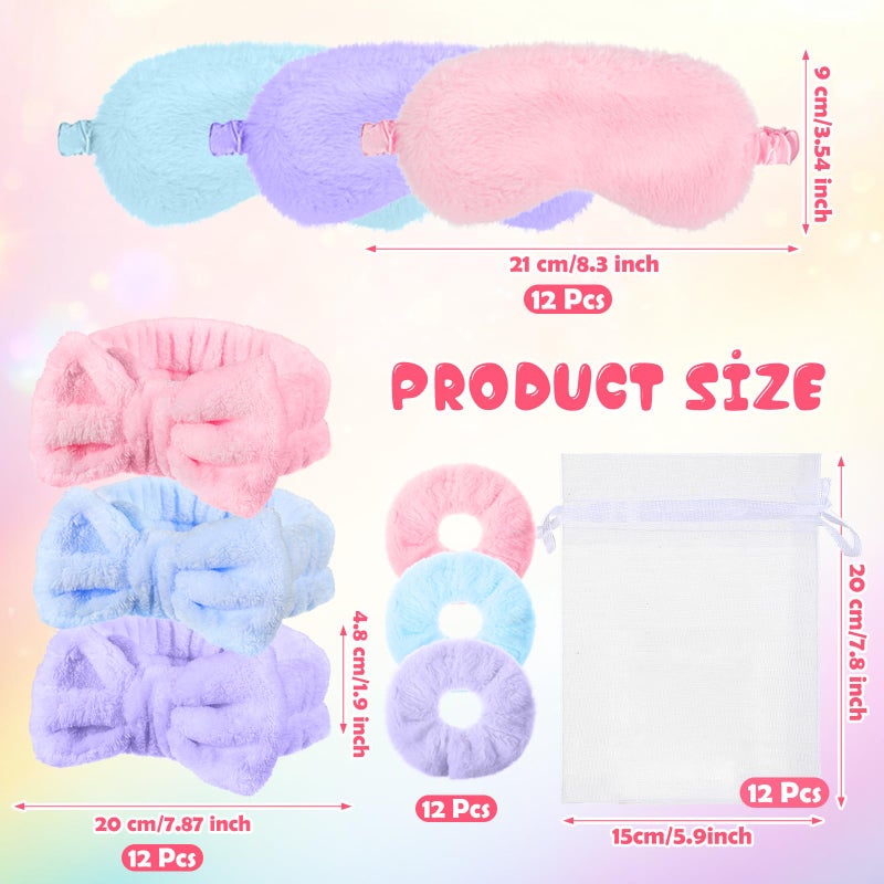 Mimorou 48 Pieces Galentine Spa Party Supplies 12 Spa Headband 12 Plush Sleep Eye Mask 12 Velvet Scrunchies 12 Organza Bags for Sleepover Slumber Party Favors Valentine Gift(Pink,Blue,Purple) - Image 2